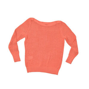 LOFT Women Coral Orange Boat Neck Open Knit Pullover Sweater Size L Ramie Blend